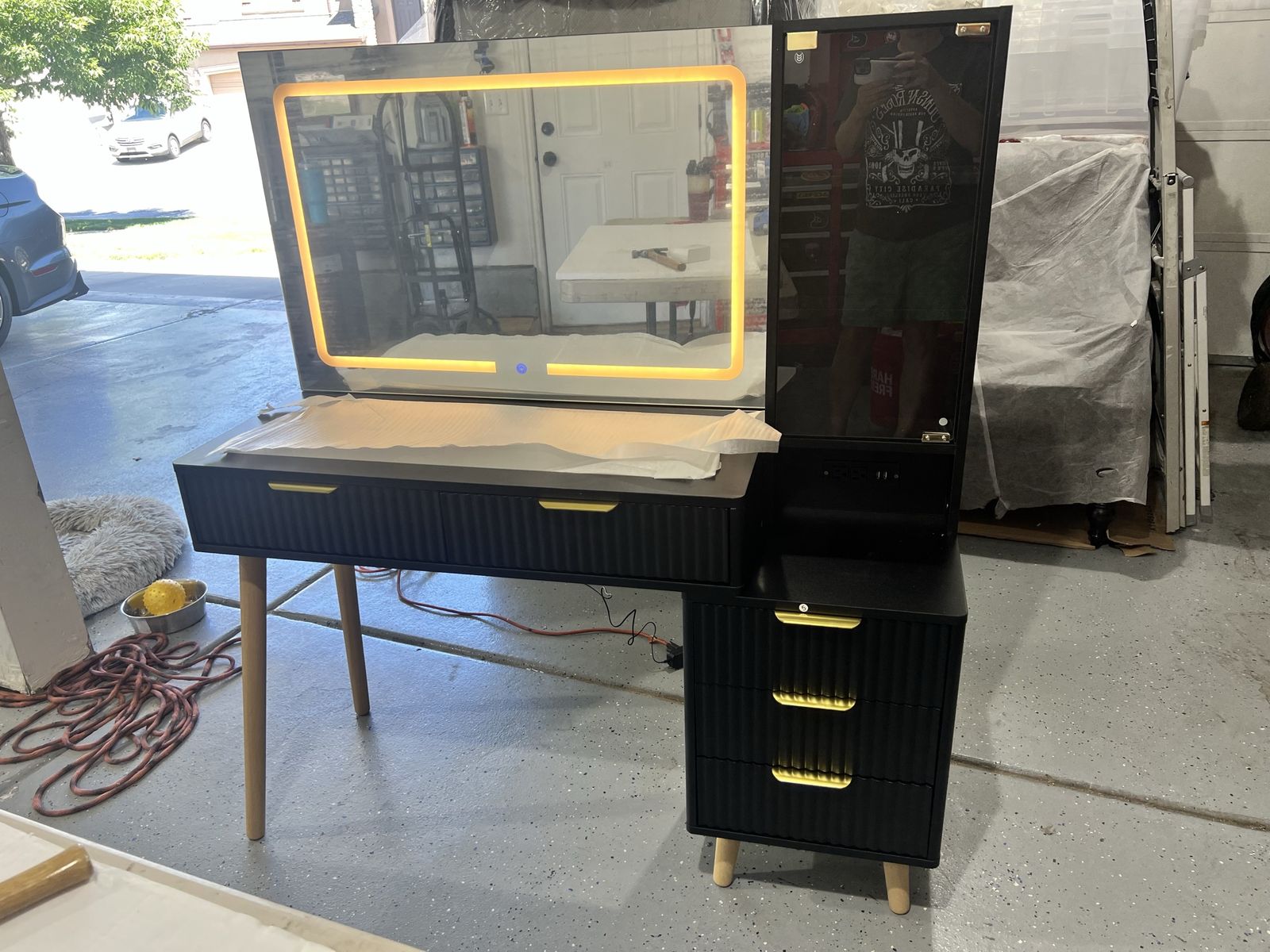 Modern Black Vanity Desk with Lighted Mirror, Storage Cabinet, and 3-Drawer Chest