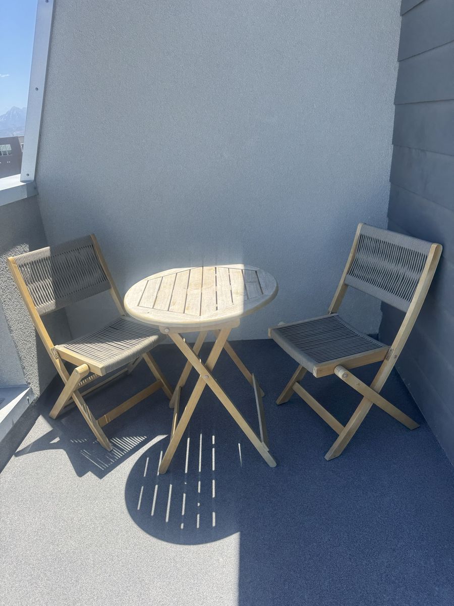Folding Patio Bistro Set - Wood Table & 2 Rope Chairs - Compact Outdoor Furniture