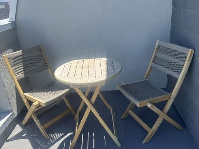 Folding Patio Bistro Set - Wood Table & 2 Rope Chairs - Compact Outdoor Furniture