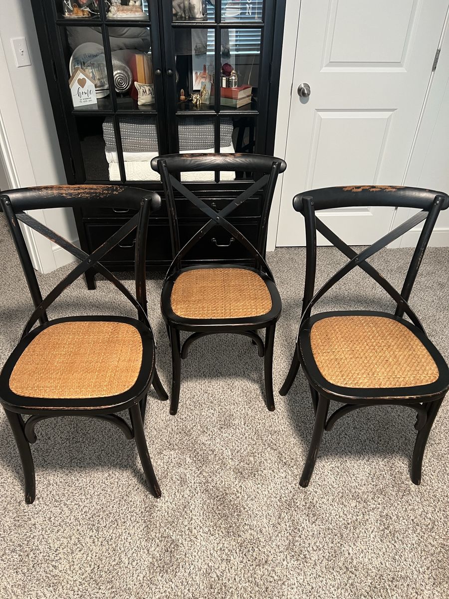 Set of 3 Arhaus Cross-Back Dining Chairs - Distressed Black & Woven Cane Seat