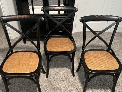 Set of 3 Arhaus Cross-Back Dining Chairs - Distressed Black & Woven Cane Seat