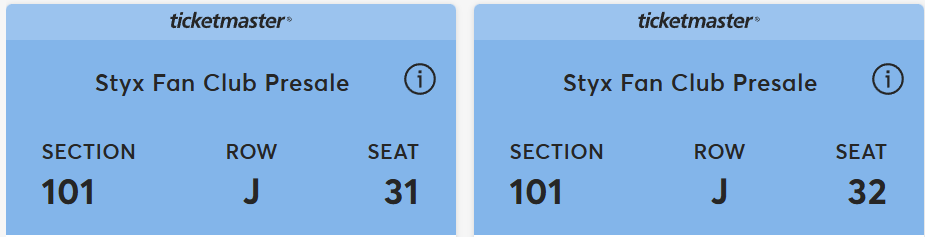 Styx Concert Tickets - August 30th - Section 101, Row J, Seats 31-32 + Parking