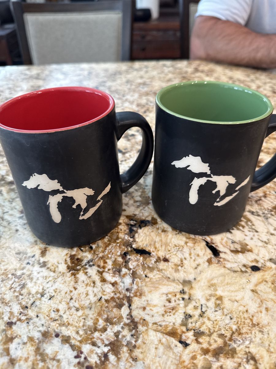 Set of 2 Ceramic Michigan Great Lakes Mugs - Black with Red & Green Interiors