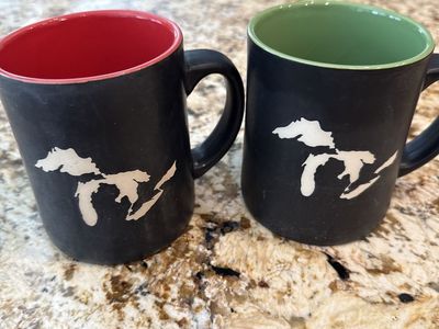 Set of 2 Ceramic Michigan Great Lakes Mugs - Black with Red & Green Interiors
