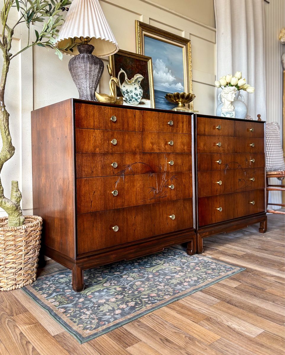 *FREE DELIVERY* Vintage MCM Walnut Richard Lynn Chinoiserie Large Nightstands