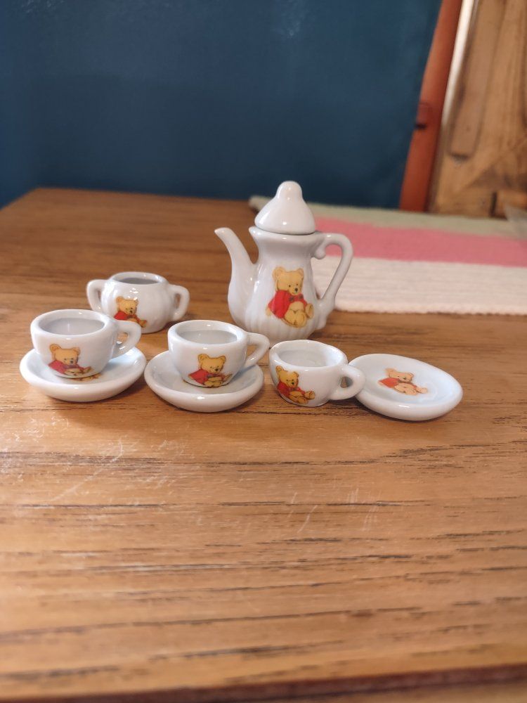 Cute Teddy Bear Miniature Tea Set - Dollhouse Furniture & Collectible Decor