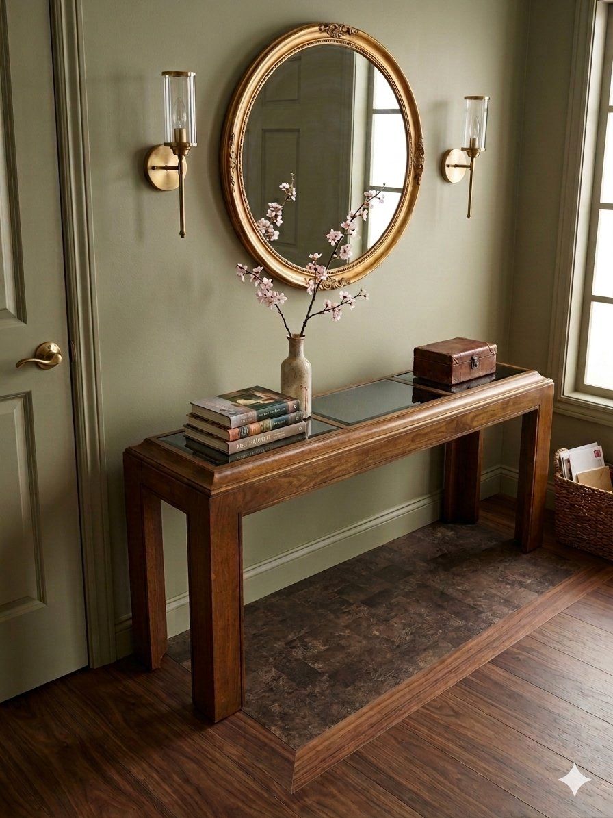 Vintage Wood Console Table with Glass