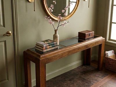 Vintage Wood Console Table with Glass