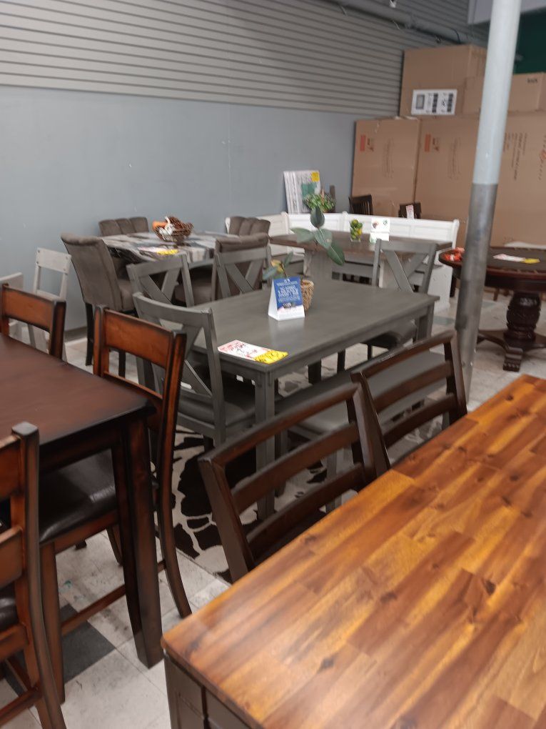 Farmhouse Style Dining Table with 4 Chairs and Bench - Off-White & Gray