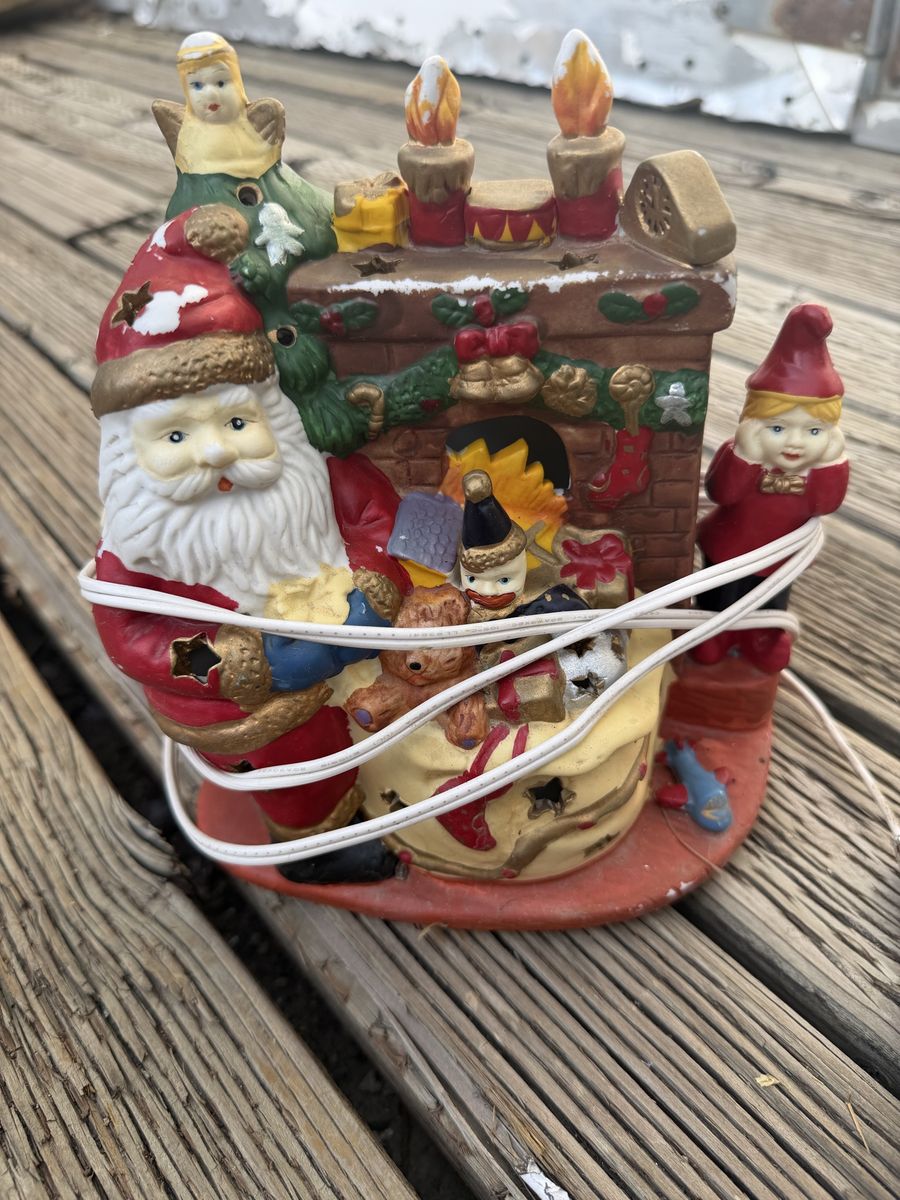 Vintage Ceramic Lighted Santa Claus Fireplace Tabletop Christmas Decoration