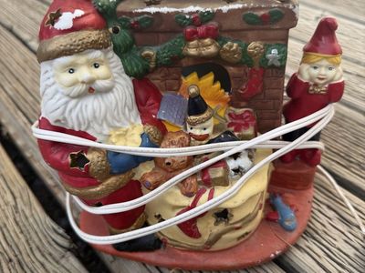 Vintage Ceramic Lighted Santa Claus Fireplace Tabletop Christmas Decoration