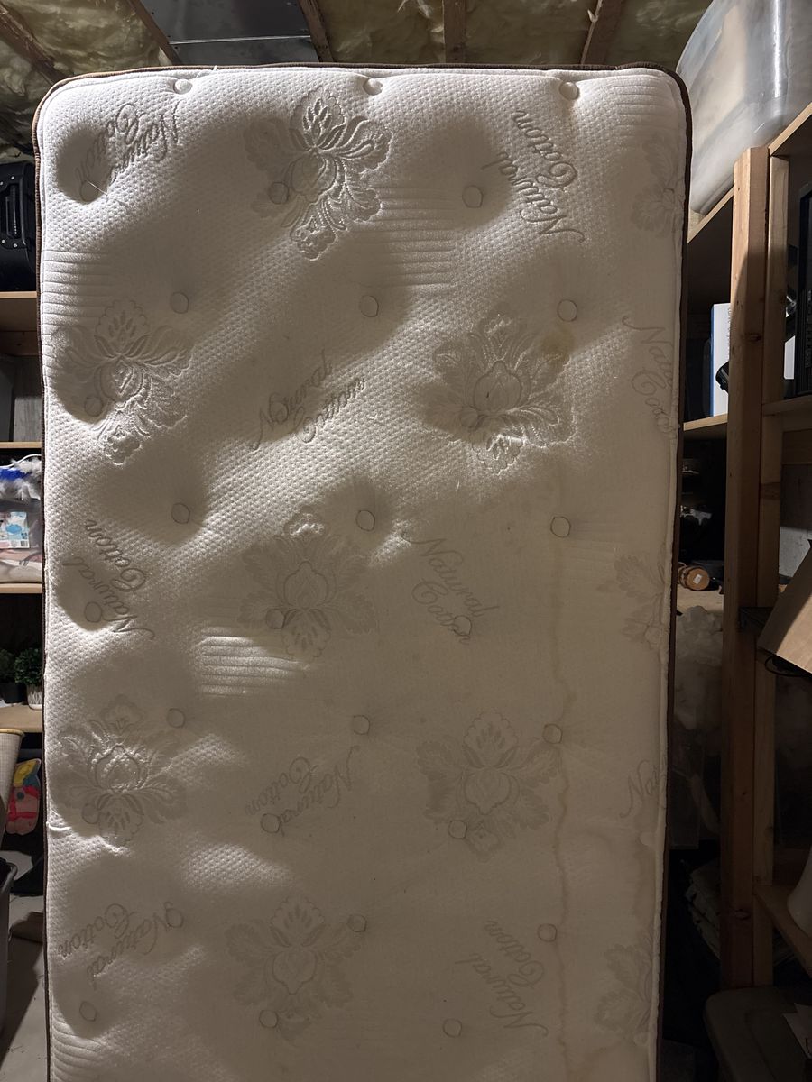 Twin XL Mattress & Box Spring w/ Frame & Headboard - Natural Cotton, Water Stain
