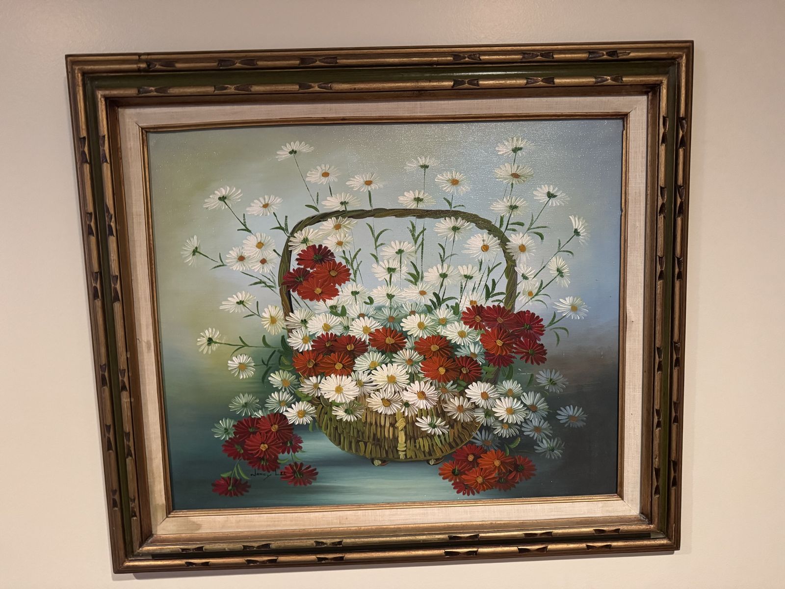 Signed Nancy Lee oil painting daisy flowers in a gold frame ~ vintage