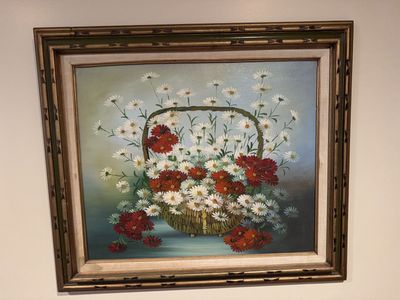 Signed Nancy Lee oil painting daisy flowers in a gold frame ~ vintage