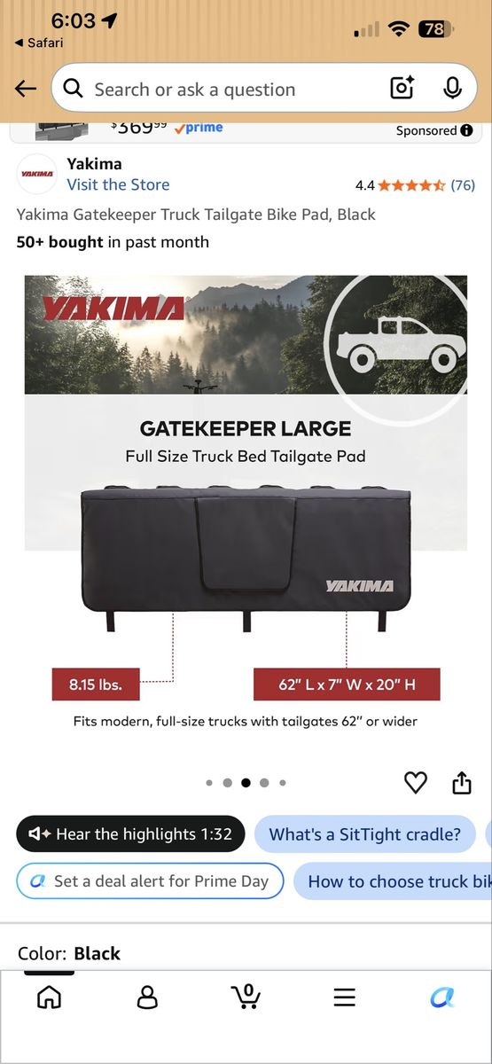 Yakima Gatekeeper Truck Tailgate Bike Pad, Black- Size Large for Full Size Trucks