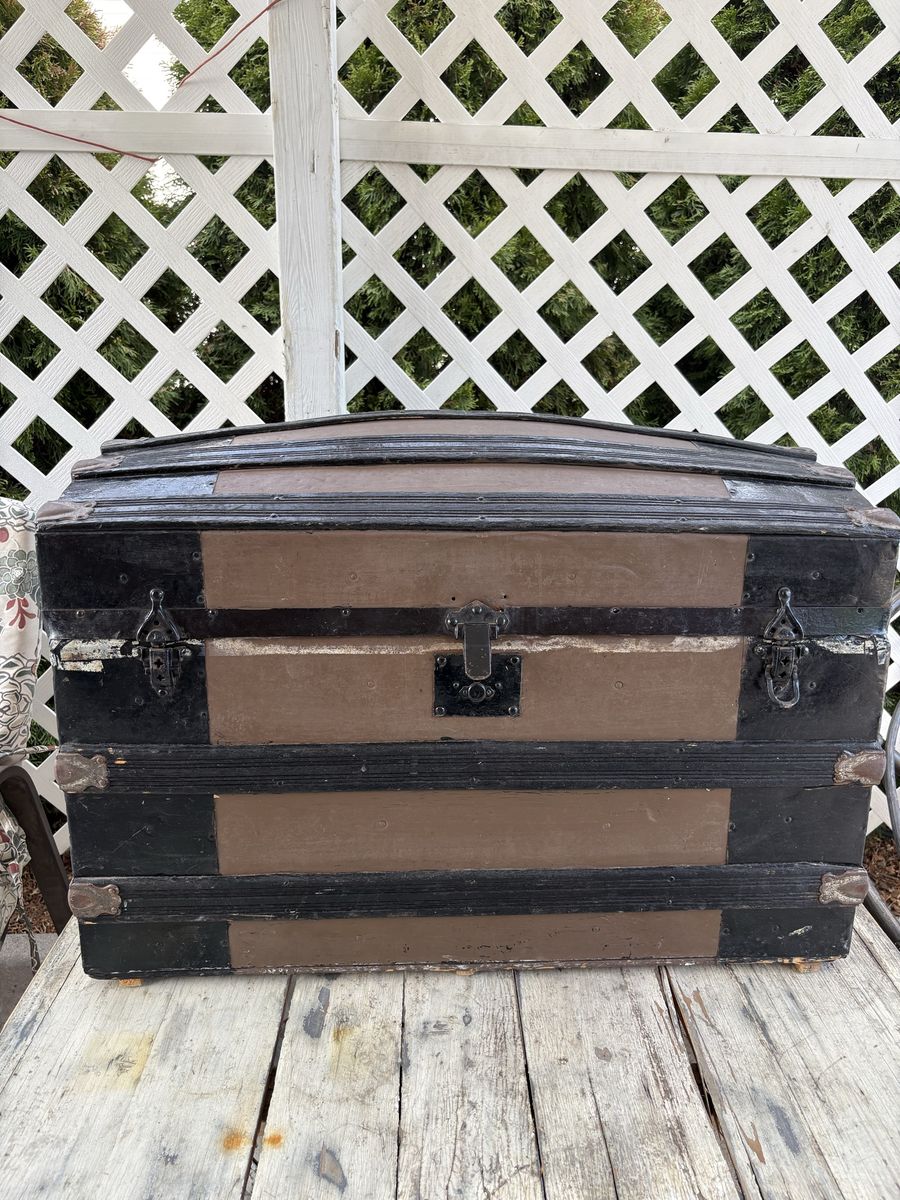 Vintage Domed Wooden Storage Trunk with Metal Hardware