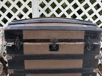 Vintage Domed Wooden Storage Trunk with Metal Hardware