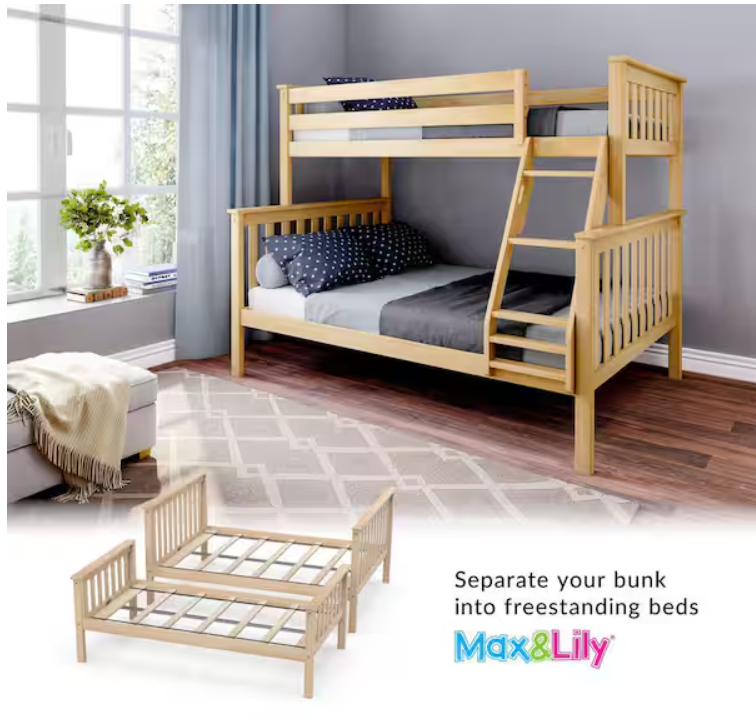Max & Lily Natural Twin Over Full Bunk Bed with Ladder
