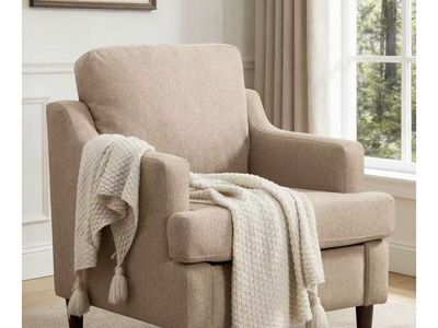 NEW Upholstered Accent Chair, Khaki Wood Legs