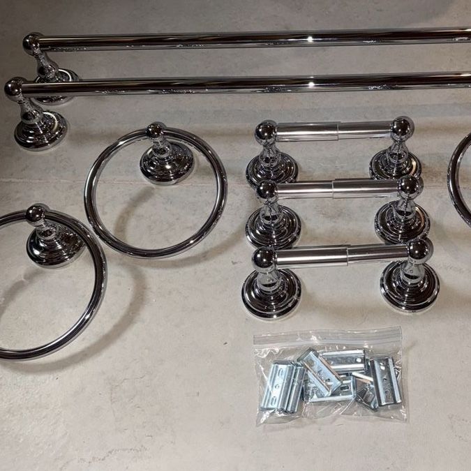 Chrome Bathroom Hardware Set - 2 Towel Bars, 4 Towel Rings, and 3 Toilet Paper Holders, Complete with Mounts!