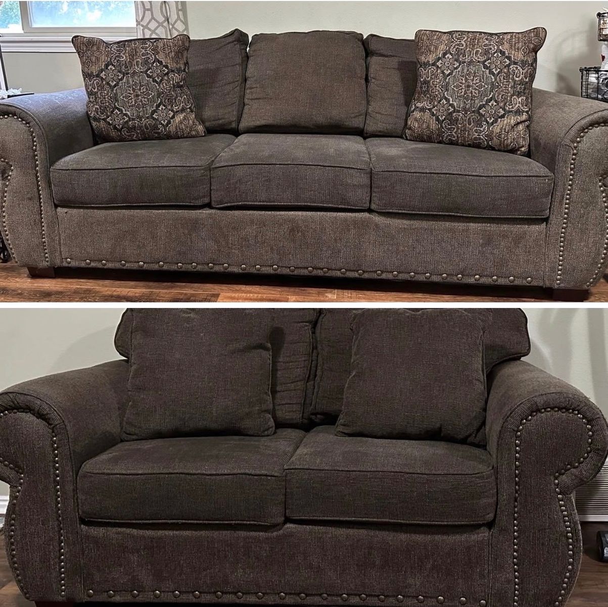 Used Brown Sofa & Loveseat Set with Nailhead Trim and Throw Pillows, Good Condition