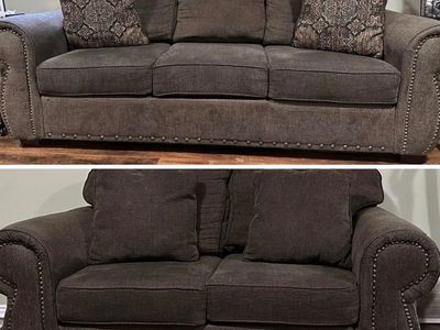 Used Brown Sofa & Loveseat Set with Nailhead Trim and Throw Pillows, Good Condition