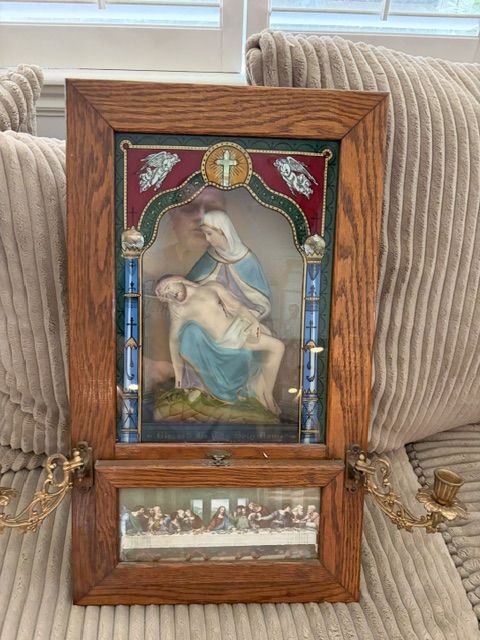 Antique Holy Name Altar Sick Call Outfit with Pietà & Last Supper Relief, Wall-Mountable