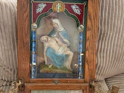 Antique Holy Name Altar Sick Call Outfit with Pietà & Last Supper Relief, Wall-Mountable