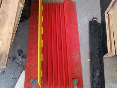 Heavy Duty Red Cable Protector Ramp with Yellow Lid - 3 Channel Floor Cable Cover