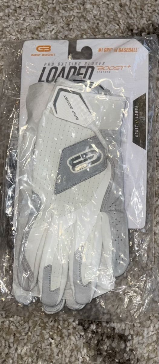 Grip Boost Loaded Pro Adult Large White/Grey Leather Batting Gloves - New with Tags