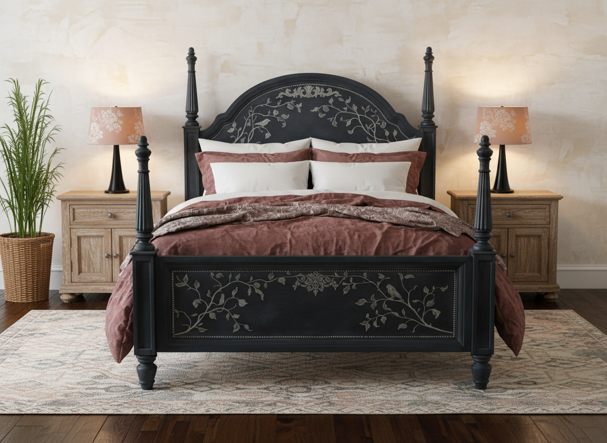 French Country Artisan Queen Bed Frame Handpainted Cottagecore Shabby Chic Dark Academia Farmhouse Charcoal Grey Black 4 Poster
