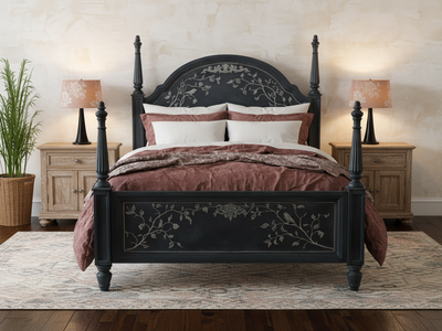 French Country Artisan Queen Bed Frame Handpainted Cottagecore Shabby Chic Dark Academia Farmhouse Charcoal Grey Black 4 Poster