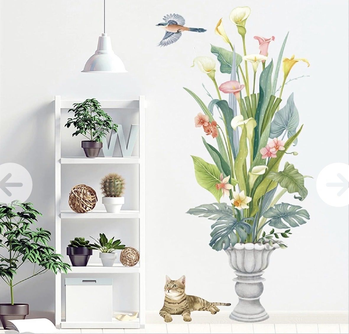 Large Floral Urn & Bird Wall Decal - Removable Sticker Art for Home Decor Removable Wall Decal WAFT YEARN 24.4x45.2in