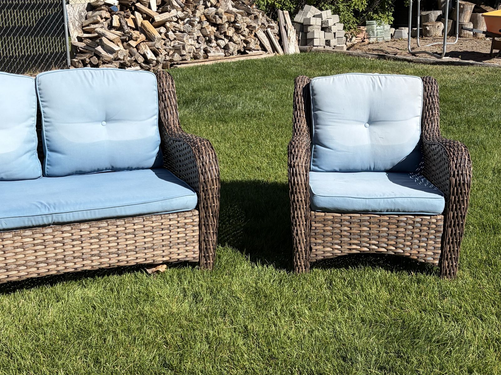 Outdoor Wicker Patio Seating Set - Loveseat & Armchair with Blue Cushions - All-Weather Resin