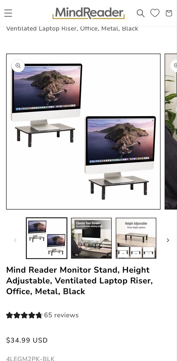 Mind Reader Metal Ventilated Laptop/Monitor Riser Stand - Adjustable Height, Black (2-Pack)