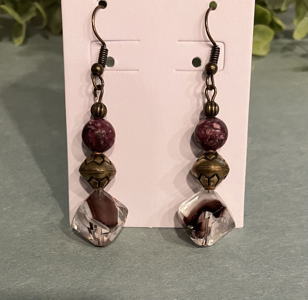 Beaded Purple Jasper & Brass Dangle Earrings