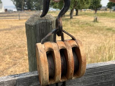 Antique Wood and Iron Three Wheel Block and Hook - Rustic