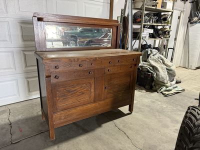 Antique Oak Sideboard Buffet with Mirror - Vintage Wood Cabinet Furniture Storage