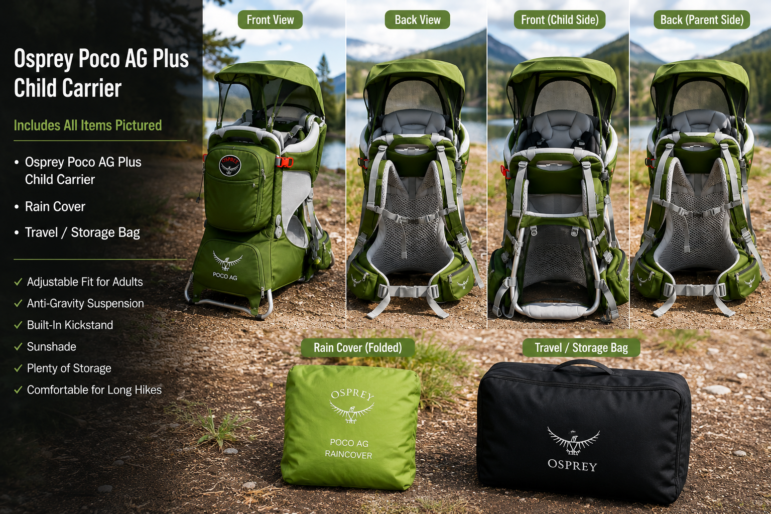 Osprey Poco AG Plus Child Carrier w/ Rain Cover & Travel Bag