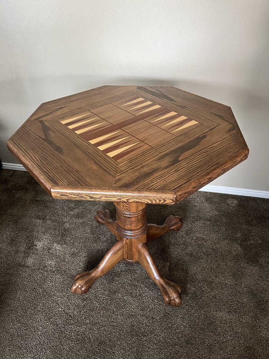 Vintage Octagon Solid Wood Game Table with Inlaid Backgammon Board