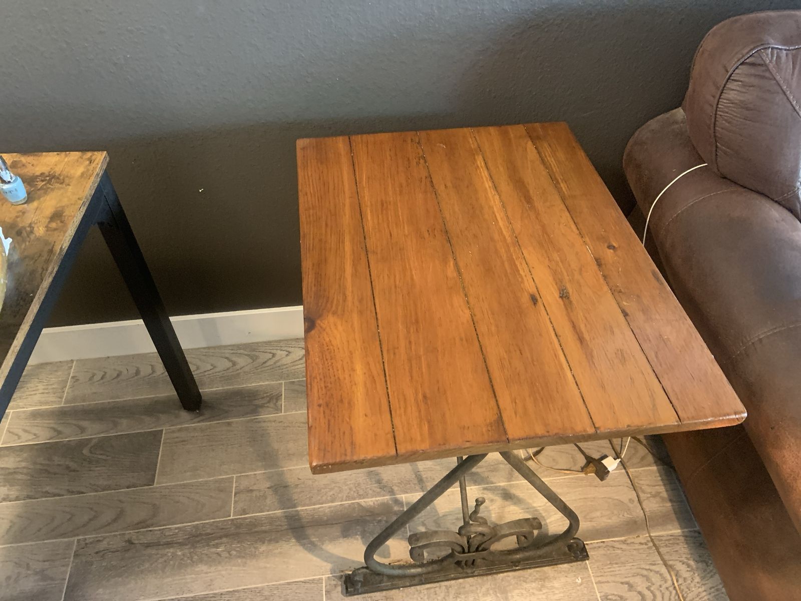 Rustic Wood End Table with Wrought Iron Base - Farmhouse Accent Table