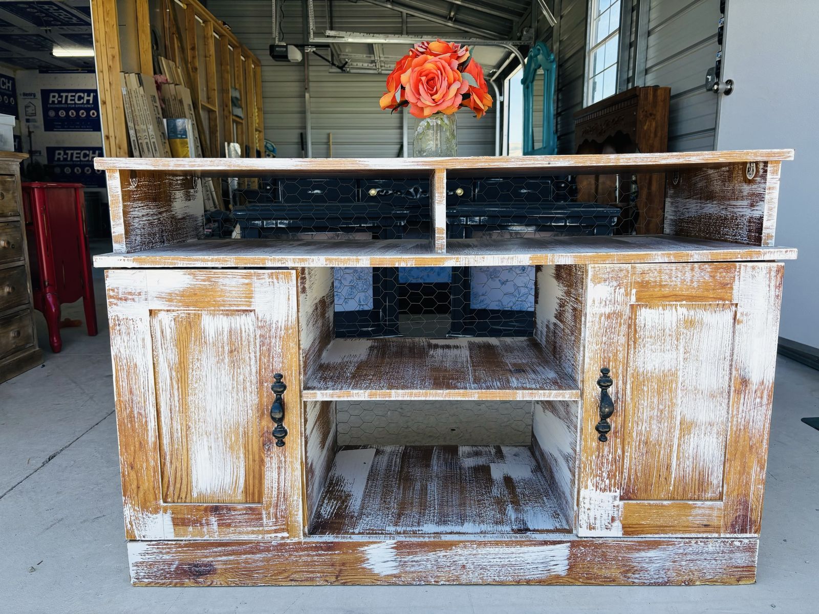 Rustic Farmhouse White Wash TV Stand Media Console Wood Cabinet Distressed Finish