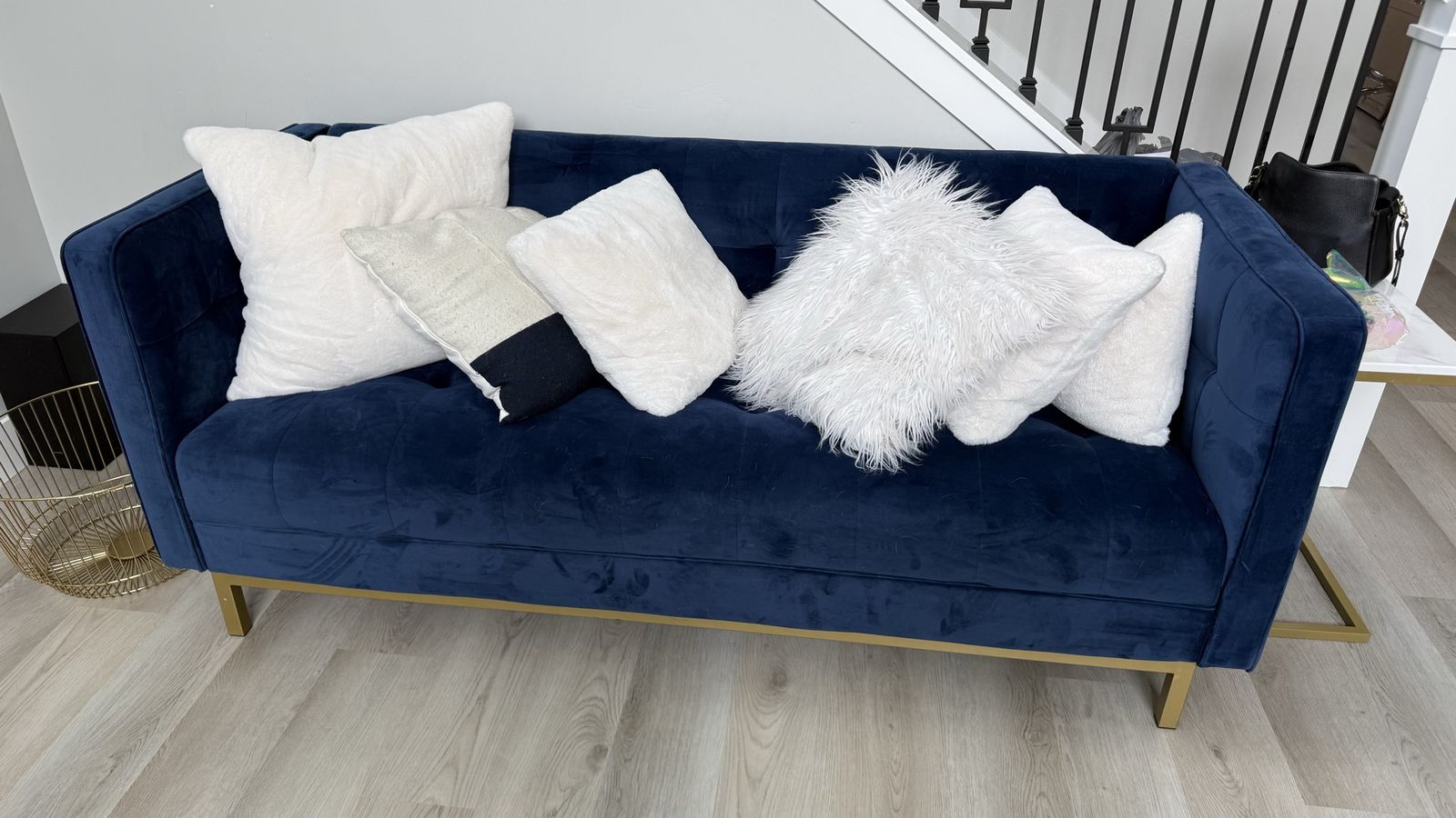 Navy Blue Velvet Sofa with Gold Legs – Modern Glam