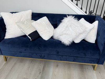 Navy Blue Velvet Sofa with Gold Legs – Modern Glam