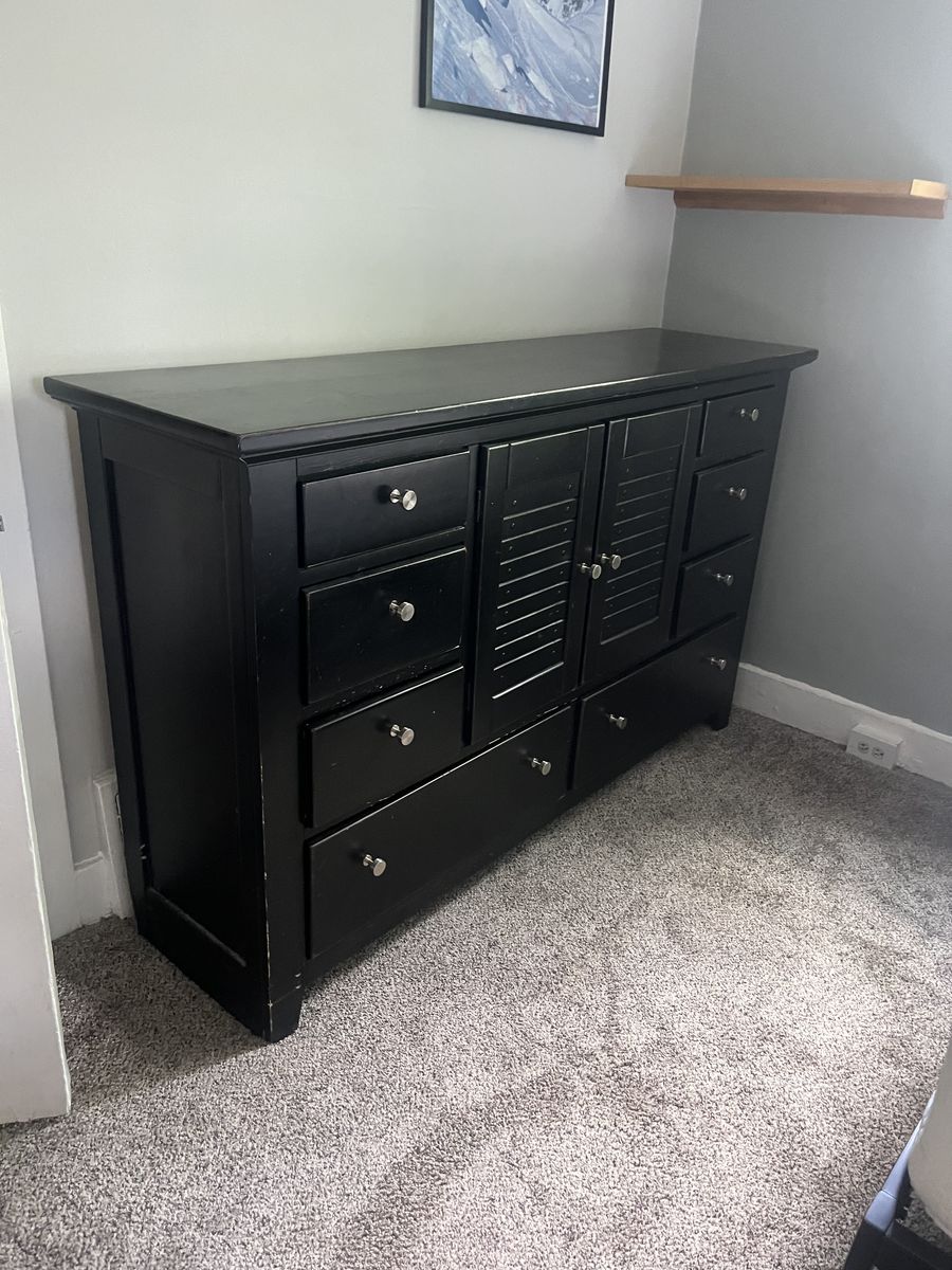 Black Dresser, Silver knobs, Hinged Doors