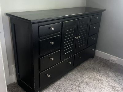 Black Dresser, Silver knobs, Hinged Doors