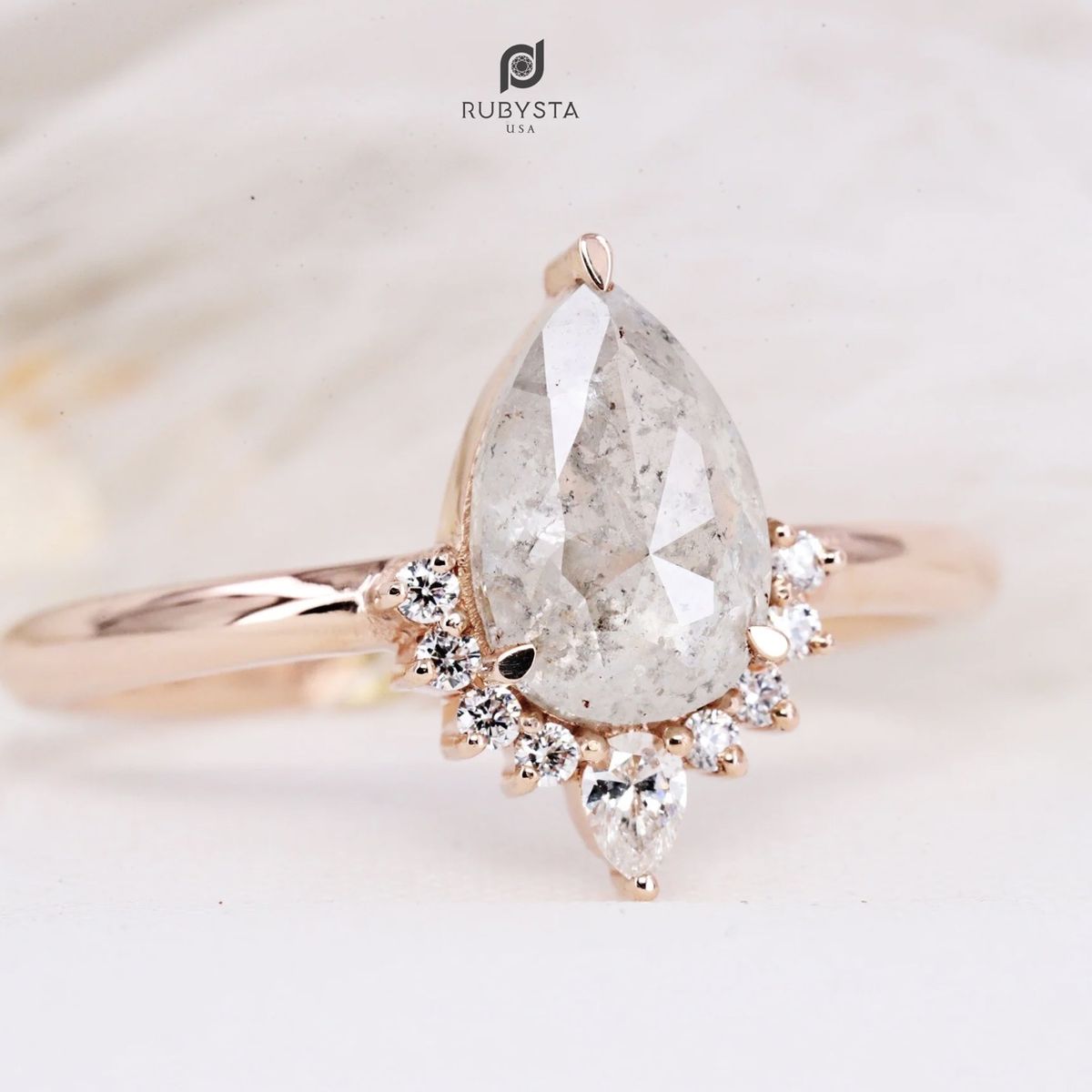 14k Rose Gold Salt and Pepper Pear Diamond Ring and Wedding Band