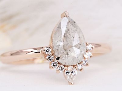 14k Rose Gold Salt and Pepper Pear Diamond Ring and Wedding Band