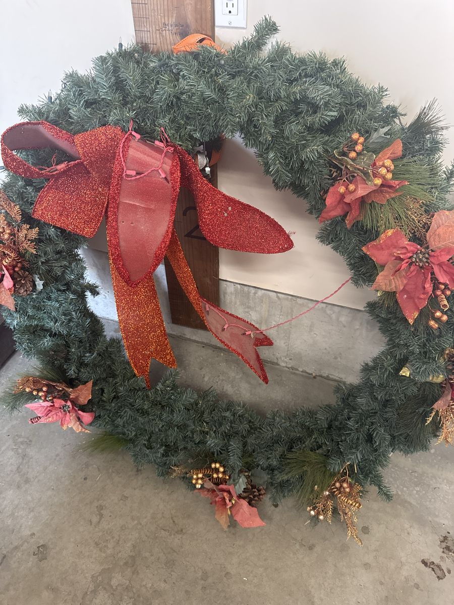 Large Artificial Christmas Wreath with Red Bow and Ornaments