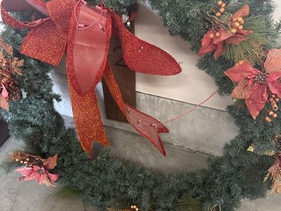 Large Artificial Christmas Wreath with Red Bow and Ornaments